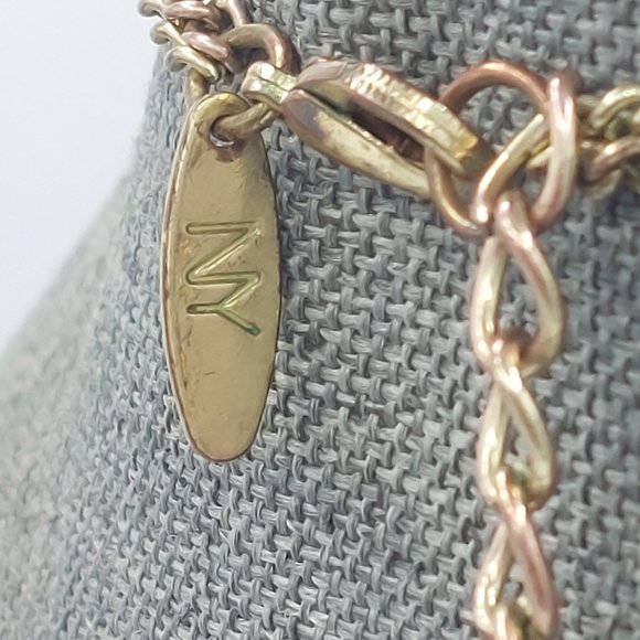 NY New York Necklace  Gold Toned Chain Filigree Framed Faceted Resin Double Stra - Picture 5 of 7